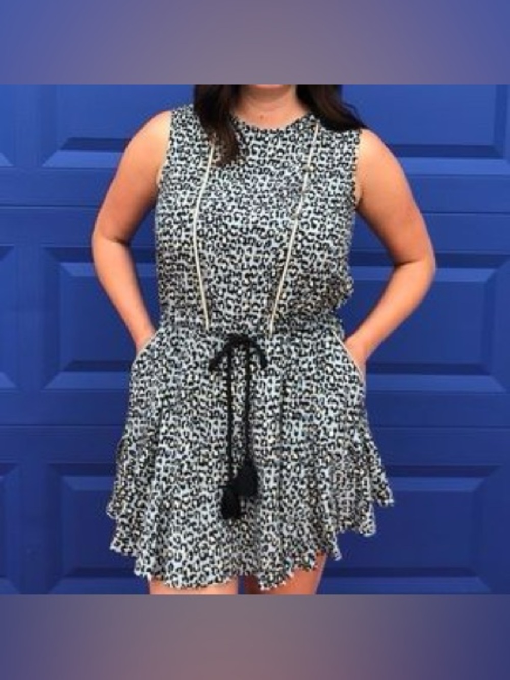 Rachel Roy Sleeveless Black & White Leopard Print Dress with Drawstring Waist